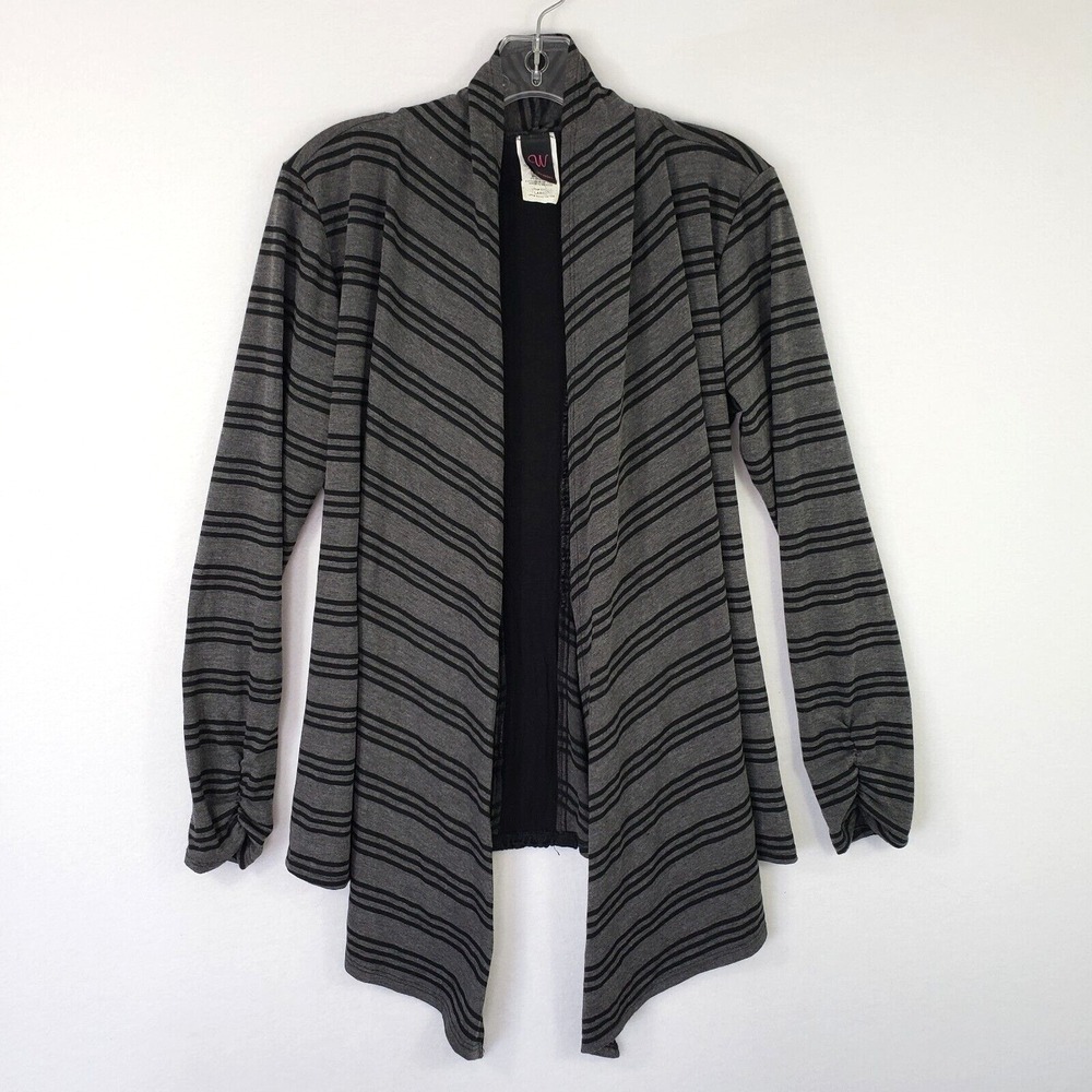 Wrapper Womens Large Cardigan Open Front Black Gray Striped Ruched Crochet Back‎